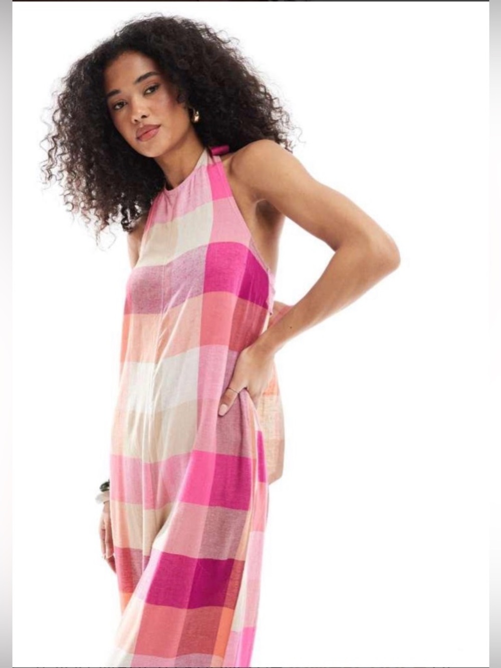 Pink Plaid linen halter picnic casual jumpsuit